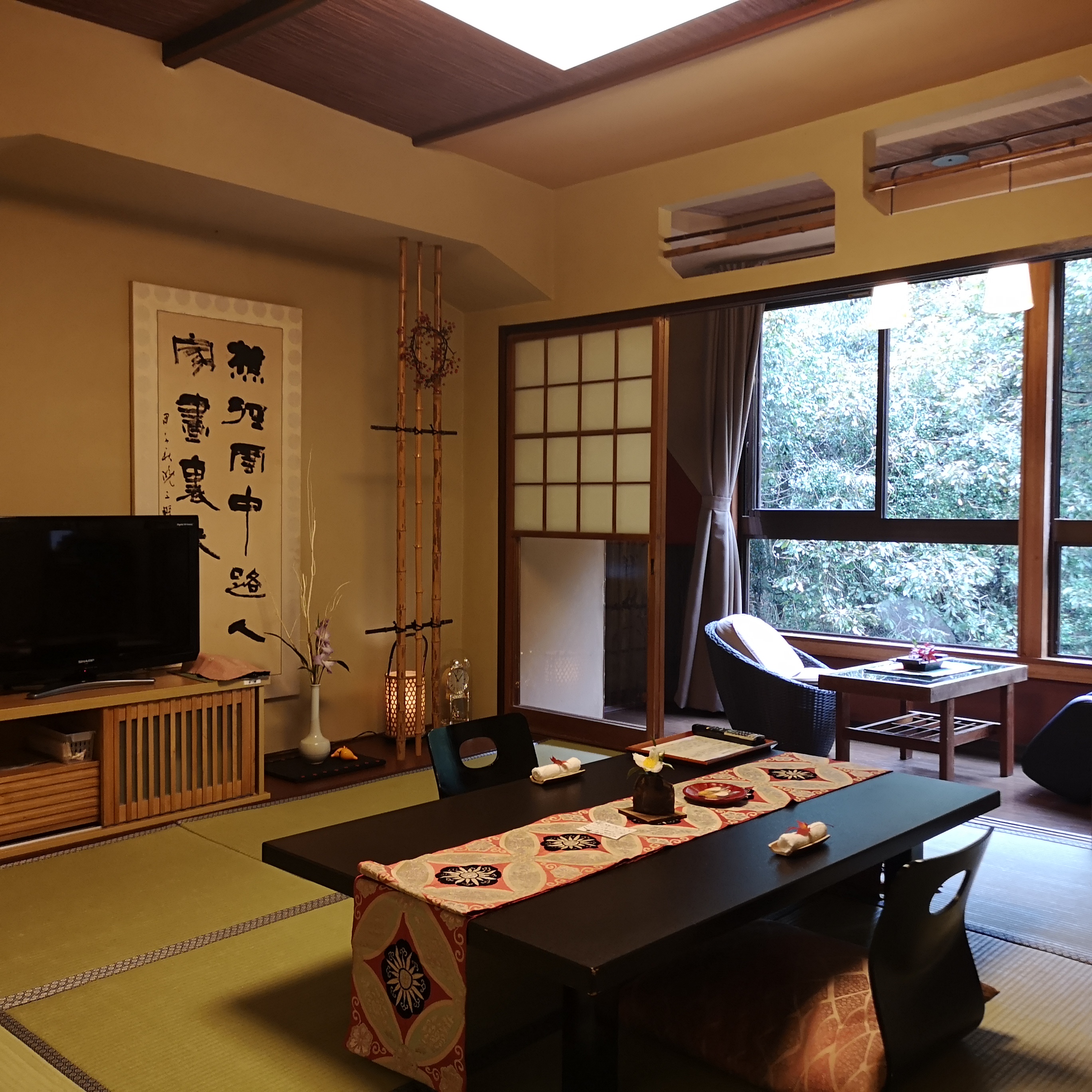 A quiet Japanese room overlooking the mountain stream